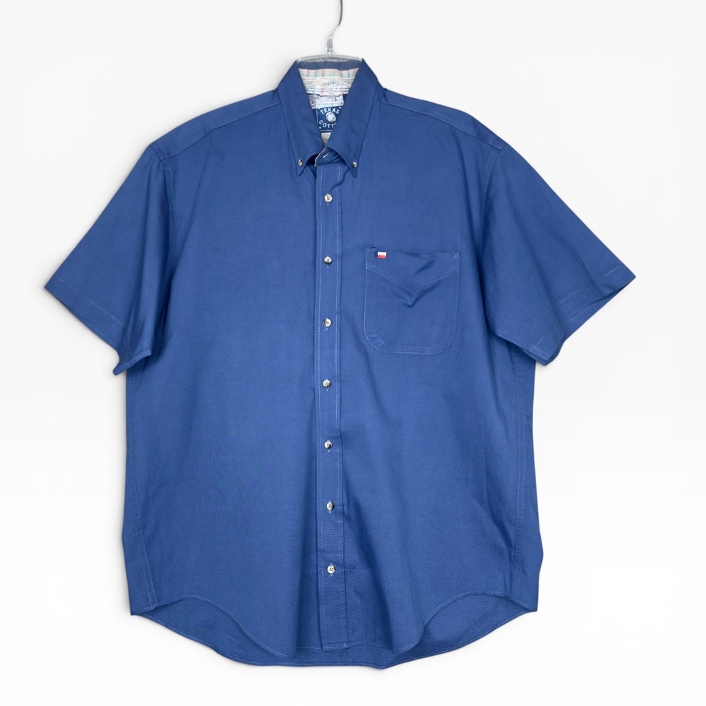 Texas Cotton VTG Button Down Shirt Mens L Blue Short Sleeve Contemporary Fit USA
